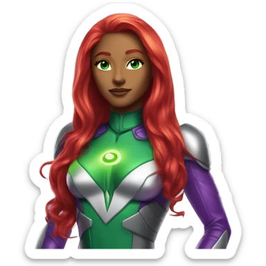 dc comics starfire glowing green eyes red long hair, purple and silver spacesuit with no helmet sticker