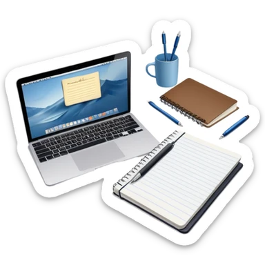 top view of a MacBook and a notebook with a pen nearby, notebook with visible notes sticker