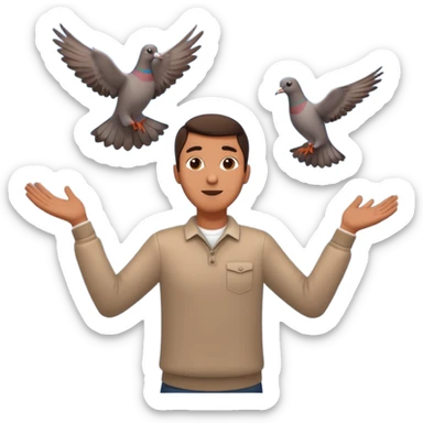 man open arms looking at a flying pigeon sticker