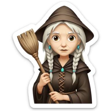 Baba Yaga sorceress woman holding a broom, old and wise sticker