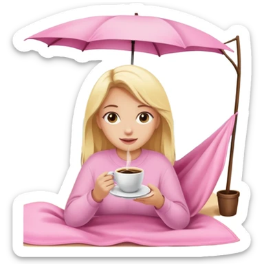Una chica rubia envuelta en una manta con un café de color rosa pastel  sticker