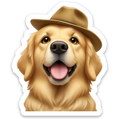 Golden retriver with a hat sticker