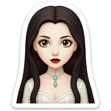 Bride of Dracula with long dark brown hair, ivory sequin outfit sticker