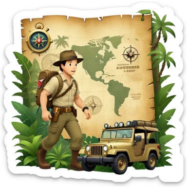 A vintage movie poster-style collage. Include action-packed elements like a treasure map, jungle scenes, a rugged explorer with a compass and a speeding jeep. Add a shadowy figure resembling close-up Mark Wahlberg in adventurous gear. Jungle background. Transparent background. sticker
