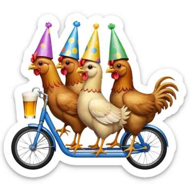 Ten chickens riding  a partybike while drinking beer sticker