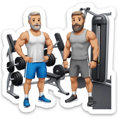two 50 year old muscular fathers with beard talking in a gym sticker