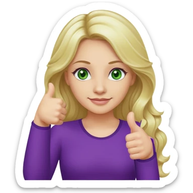 lady with long wavy blonde hair, purple top, green eyes, one thumb up sticker