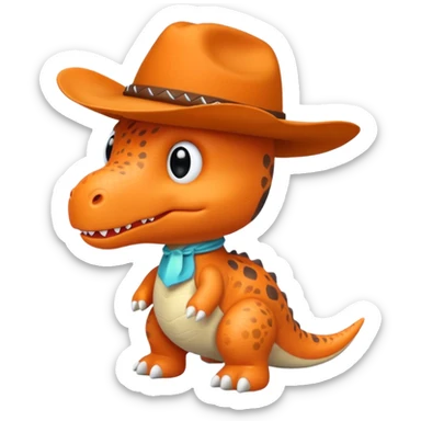 A emoji of a small dino plushie that's orange with a cowboy hat sticker