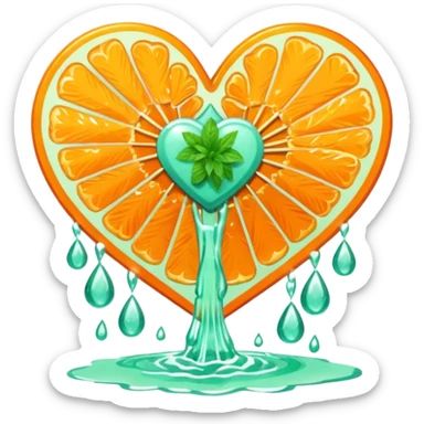 orange glittery heart, chopped  in pieces  with mint green water dripping down and a couple art deco fans  sticker