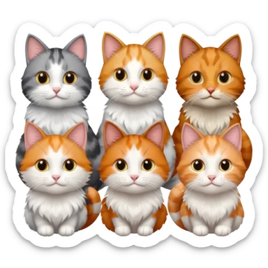 6 cats with different coloured coats, 2 are grey and white, 1 is grey with a little white, 1 calico, 1 brown tabby and white and one ginger and white sticker