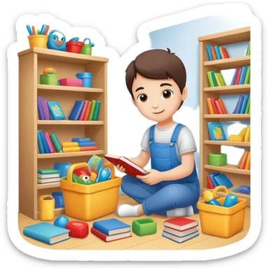 child tidying up their room, putting toys and books away, cheerful and organized sticker