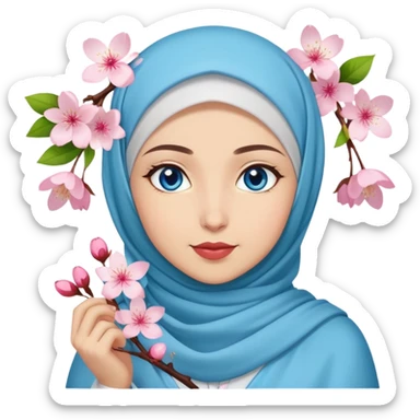 Turkish beautiful finish Konya girl blue eyes with hijab islamic dress and had on her hand cherry blossom sticker