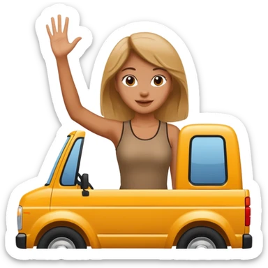Woman in truck bed waving sticker