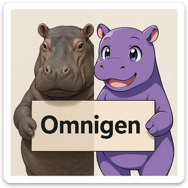 two hippo holding sign of omnigen, half picture 1 hippo is realistic another half is the anime of that same second hippo sticker