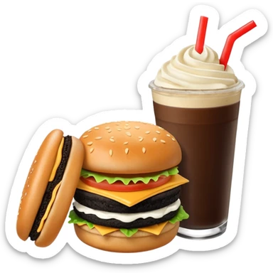 Crea una escena estilo restaurante que incluya: una 🍔 hamburguesa jugosa, un 🥤 frappé de galleta oreo en vaso de vidrio con popote, 🍟 papas fritas sticker