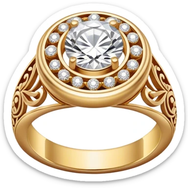 A gold ring with an intricate, elegant engraved design, featuring a sparkling diamond centerpiece, smooth polished finish sticker