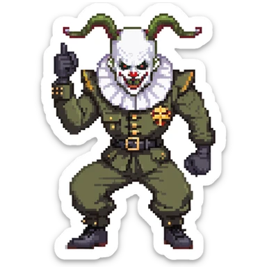 evil clown soldier, bald, small black satan horns on forehead, fangs, pointed ears, black and military green clothes with bellbottom pants, realistically proportioned, less bulky, full body, fighting stance sticker