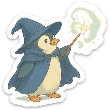 ghibli style penguin wizard casting a spell, soft colors sticker