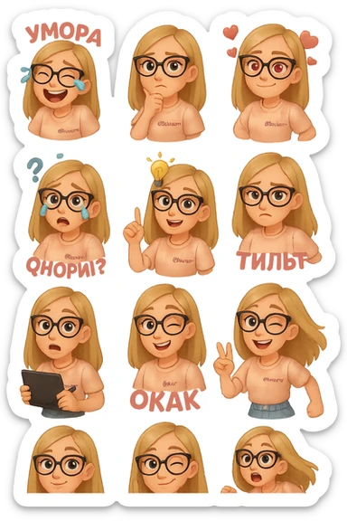 «Создай набор из 12 наклеек в стиле 3D cartoon  женского персонажа (30 лет выглядит моложе)  с прямыми светло русыми волосами ниже лопаток, светлой кожей, большими выразительными голубыми глазами, черные очки для зрения формы кошачий глаз, нос чуть с горбинкой.
Персонаж должен носить пастельную розово-бежевую тай дай футболку с вышивкой @ByUnicorn, голубые джинсы фасона мом, персонаж должен иметь разные выражения: смех до слез и подпись внизу пастельно-розовым текстом УМОРА, задумчивость, влюбленность (с сердцами вокруг головы), злость с паром из носа и подписью внизу пастельно розовым текстом ТИЛЬТ, растерянность (со знаком вопроса) и подпись пастельно-розовым текстом ЧОРИЛ?, наличие идеи (с зажженной лампочкой), плач со слезами из глаз, удивление с открытым ртом и подписью пастельно розовым текстом ОКАК, улыбка и  подмигивание, знак мира рукой, создание сердца руками, бегство со всех ног. Размер картинки не ограниченный, чтобы все наклейки вместились без обрезки. Стиль мультяшный  DreamWorks, мягкий свет, прозрачный фон, и добавь персонажу в руки графический планшет следи чтобы выглядело органично, красиво, не нарушая законы природы и физики, можешь добавить в другую руку перо от графического планшета, если это будет позволять смысл стикера» sticker