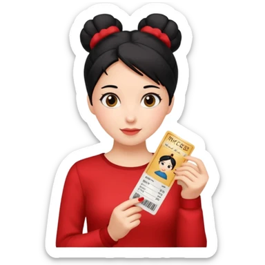 A girl with a bun of black hair, wearing a red long-sleeved shirt and holding theater tickets sticker