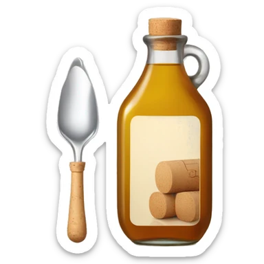bottle of vinegar with the cork and a nozzle; spoon is laying neat the bottle sticker