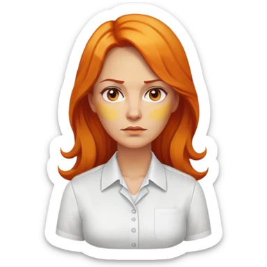 nữ 40 tuổi, da vàng, tóc dài hơi xoăn nhẹ màu cam, mặt nghiêm túc, áo trắng ko có cổ sticker