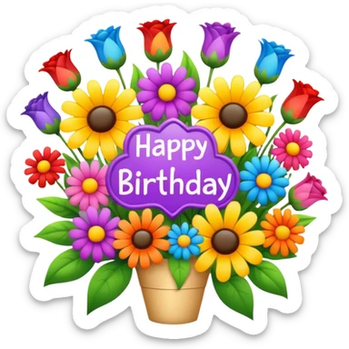 Multicolored flower bouquet with happy birthday sign sticker