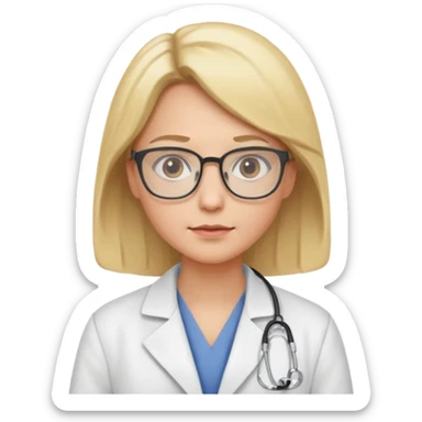 This is a cartoon-style avatar of a doctor with blond hair, glasses, and a neutral expression sticker