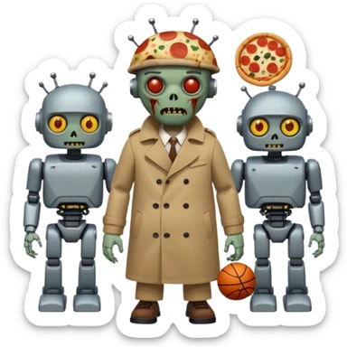 a glitch abomination with hands for a head, a baskeball stomach, pizza eyes, eyepatch, and zombie wounds, wearing trench coat, and robot crowd sticker
