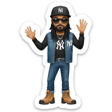 African American man with shoulder length black dreadlocks with black beard wearing black sunglasses wearing a black New York Yankees logo baseball cap wearing denim skinny jeans and timberland boots with thumbs down sticker