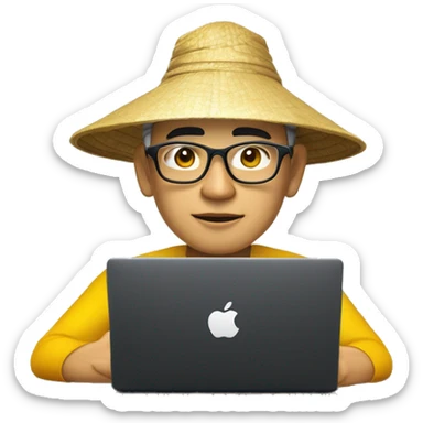 A memoji-style Vietnam man with yellow skin, wear nearsighted glasses, a traditional Vietnamese conical hat , black shirt, sitting at a desk, a cup of coffee in desk, typing on keyboard, laptop with a logo styled as '</>' in front front like macbook sticker