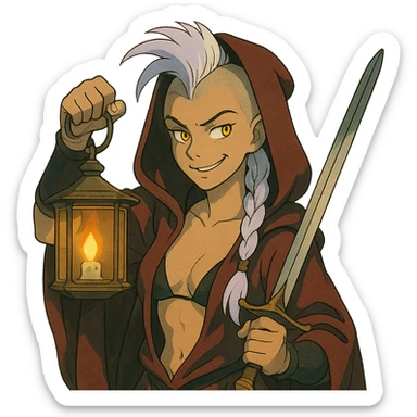 A sword maiden, mohawk, long braid white hair with lavender tips, gold yellow eyes, blood red and black revealing hoodie, brandishing a lantern. Mischievous smirk sticker