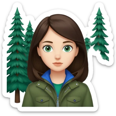 brunette with blue eyes skiing in a forest green jacket sticker