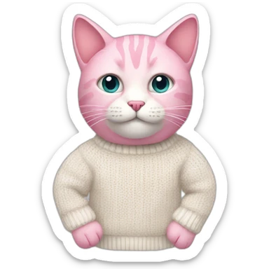 Pink cat wearing white knitted sweater sticker