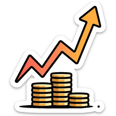 upward arrow beside a small stack of gold coins, beauty business financial growth symbol sticker