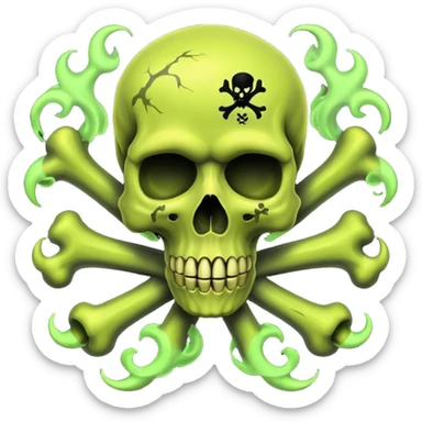 a poisonous cloud of gas, dark swamp color, with an image of a skull and two crossed bones behind the skull sticker
