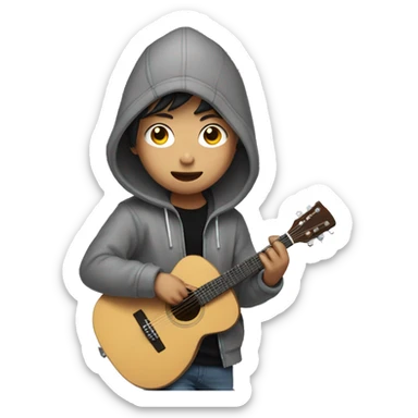 korean boy in unbuttoned grey hoodie jacket playing guitar with black t shirt inside sticker