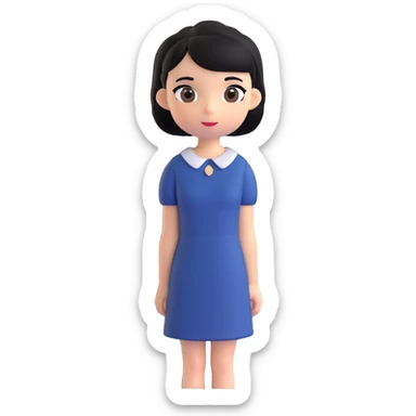 A girl with black hair, dark brown eyes, a beautiful face, short, straight hair to the shoulders, and a navy blue dress. sticker
