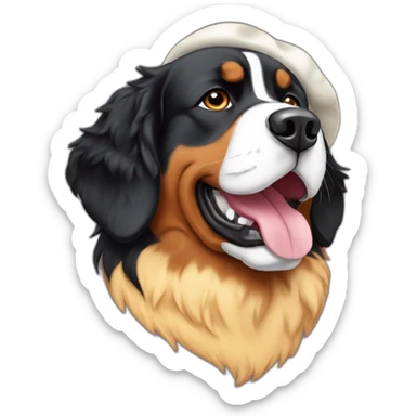 A Bernese mountain dog wearing a cheese head hat sticker