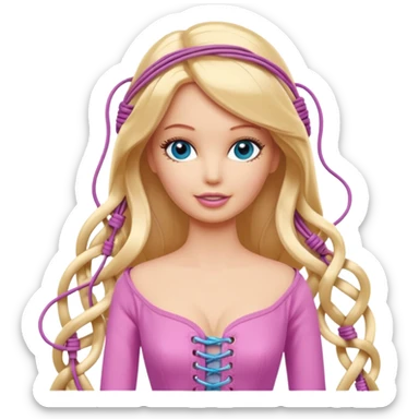 plastic barbie doll tightly bound with tangled AUX cables. sticker