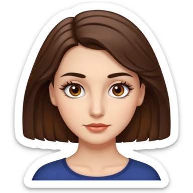 uma mulher com cabelo curto, castanho, levemente ondulados e um pouco abaixo do ombro, sobrancelhas grossas e cílios grandes. Cor da pele é branca e olhos castanhos e um pequeno sinal na bochecha direita.  sticker
