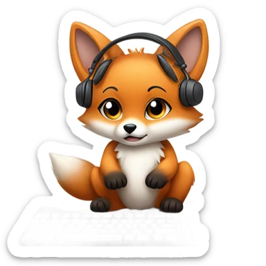 Detailled Baby kawaii fox with headphones on ears and keyboard computer sticker