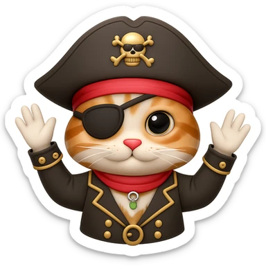 Add an eyepatch to the pirate cat waving, in the style of emoji (apple style emojis). Keep the emoji style and no background. sticker