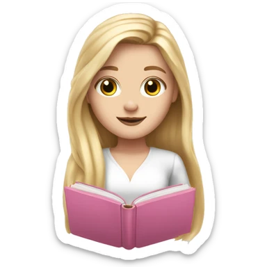white girl, long long blonde hair, pink book in hand, white dreas sticker