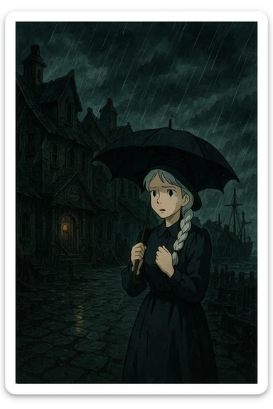 A dark port town, poverty, abandoned stormy, horror novel, innsmouth, cult of Dagon, there is 1 female with a long white braid and traditional 1930's dress clothes, dark dress, shielding herself from the rain sticker