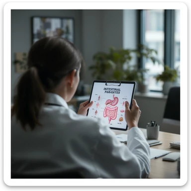 cinematic, realistic photo from behind of two doctors in a modern office, focused on a chart with intestinal parasites, dramatic lighting, 2:3 aspect ratio sticker