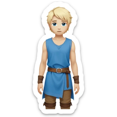medieval summer outfit worn by a DnD themed fantasy character. basic sleeveless cotton tunic with a loose fit and a thin leather belt. clothes only above the waist. The clothes full waist. The character's haven't arms. character is white-skinned, blonde hair, blue eyes, short messy hair. sticker
