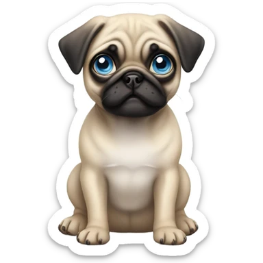 Baby pug with big blue eyes chewing a slipper sticker