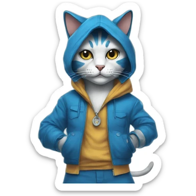 blue kawaï comics styled humanized cat wearing clothes sticker