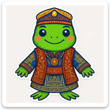 Add more intricate details to the Bashkir national costume, such as embroidery and accessories, while keeping the playful frog design (sticker style) sticker